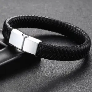 สร้อยข้อมือหนัง สีเงินสําหรับผู้ชาย